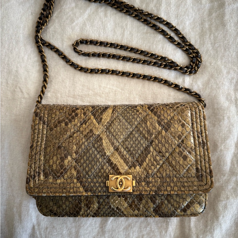CHANEL Snakeskin Wallet on chain Crossbody Bag in Brown
